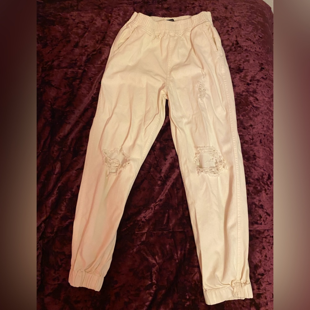 Mid Waisted Distressed Cream Colored Pants